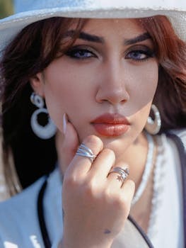 Close-up portrait of a stylish young woman wearing a white hat and silver jewelry outdoors.
