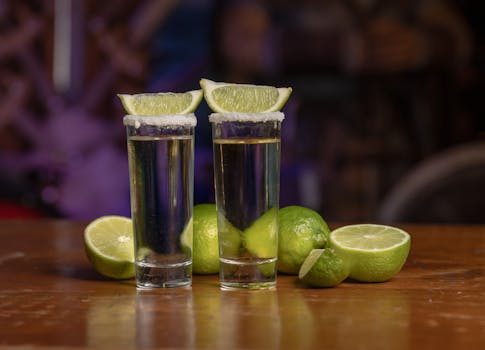 Two tequila shots with lime slices and salt, perfect for a festive night out.