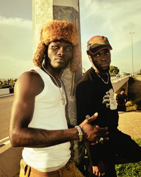 Two young men in fashionable clothing pose confidently on a street in Nigeria.