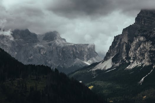 Moody landscape of the Dolomites with dramatic clouds in Trentino-Alto Adige, Italy.