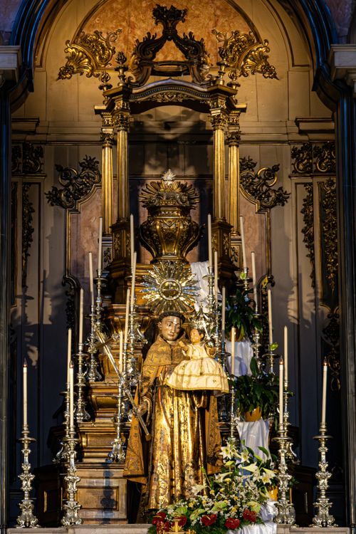 Free Beautiful ornate altar with religious statues and decorations in a Lisbon church interior. Stock Photo