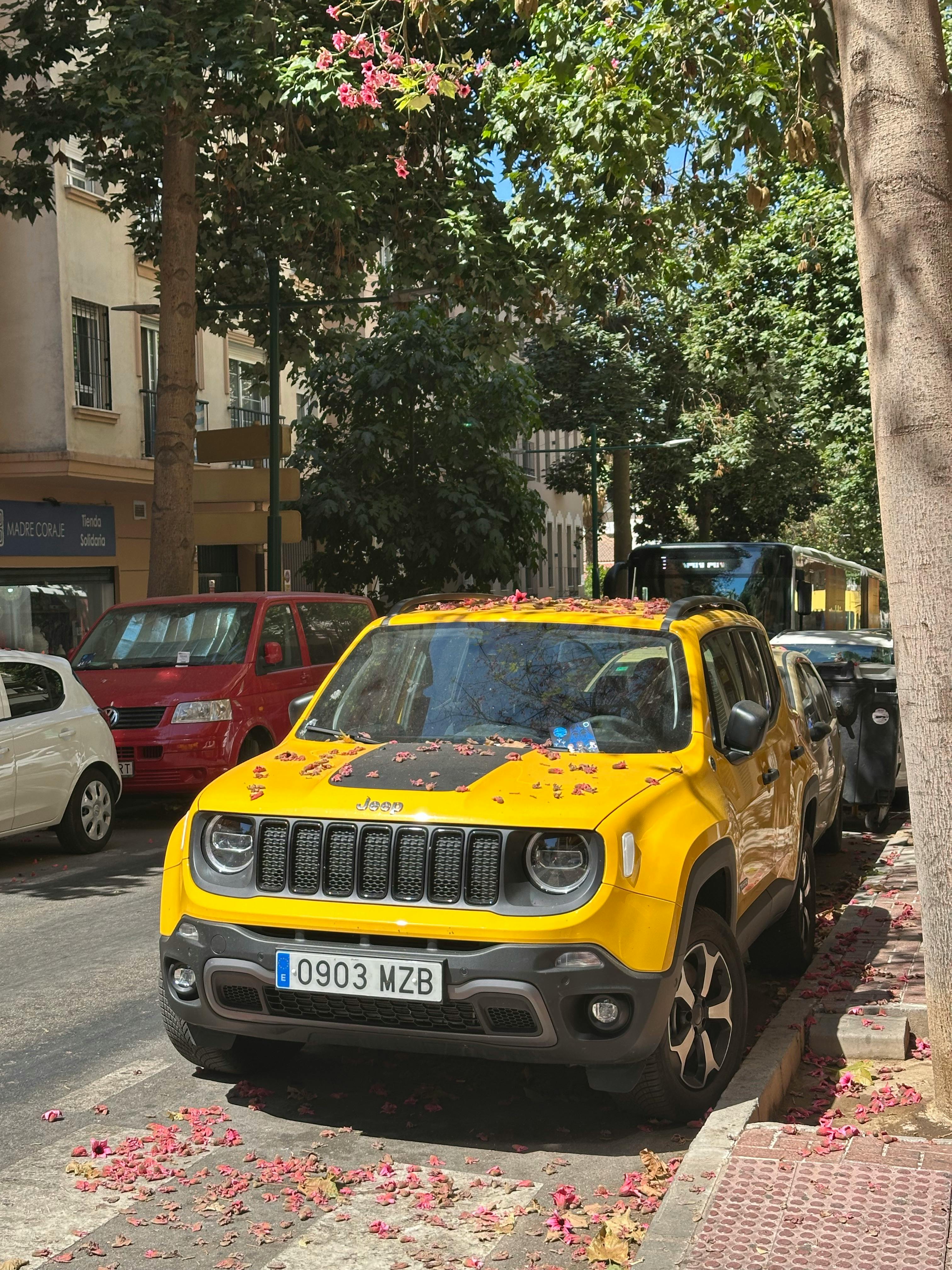 Free Yellow SUV parked on a leaf-covered street in a sunny, urban environment, showcasing a vibrant city life moment. Stock Photo