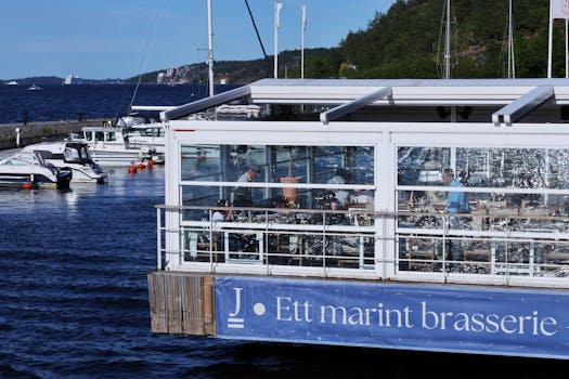 Experience casual dining with waterfront views at a floating restaurant in Stockholm, Sweden.