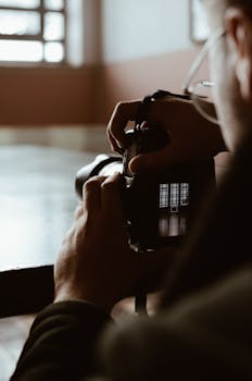 A person using a camera to photograph a building interior through a window.