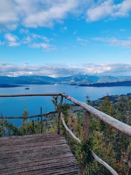 Breathtaking view of Lago Ranco from a rustic observation deck in Los Ríos, Chile.