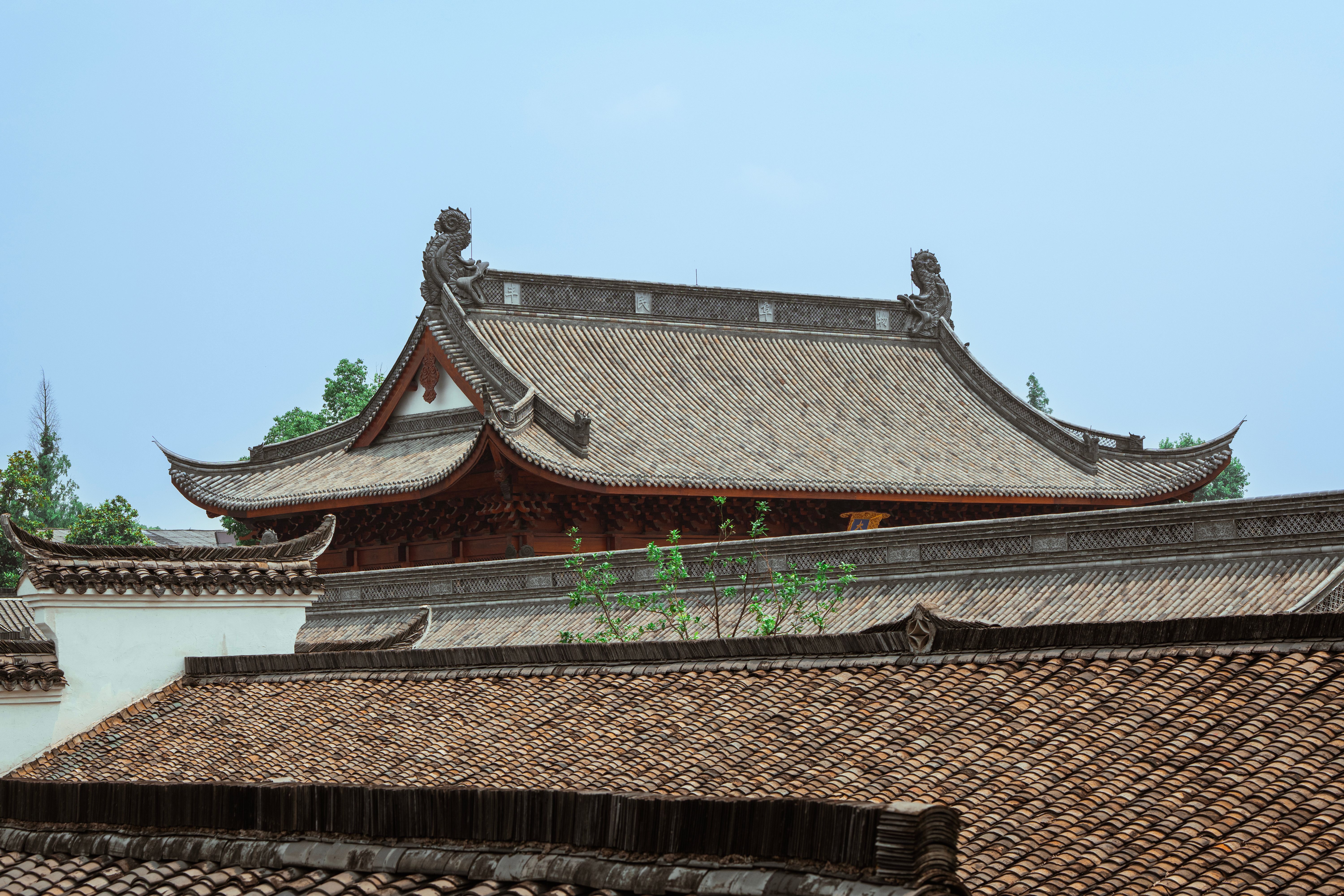 Intricate traditional Asian temple roof captured against a clear sky, showcasing detailed craftsmanship.