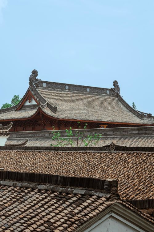 Free A detailed view of traditional Chinese temple roofs against a blue sky. Stock Photo