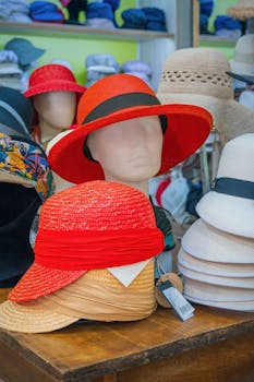 A variety of colorful straw hats displayed on dummy heads, perfect for summer fashion.