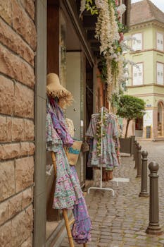 A quaint street with vintage boutique displaying floral dresses. Ideal for urban exploration enthusiasts.