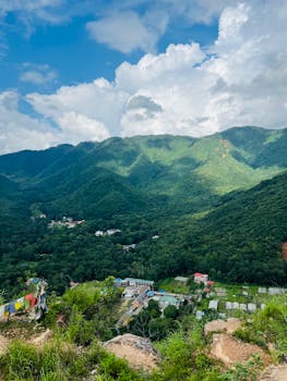 Aerial view of the lush Godawari Valley, Bagmati Province, Nepal.