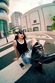 Fashionable woman posing on a city street in trendy attire. Urban and modern feel.