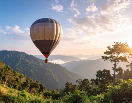 Hot air balloon drifts over lush green mountains under a clear sky at sunrise.
