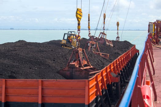Heavy machinery loading coal onto a cargo ship at a seaport with cranes.