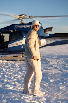 An adult male enjoying a snowy landscape with a helicopter in the background at sunset.