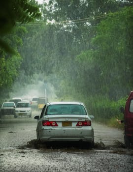 Cars driving through heavy rain on a city street with large puddles and greenery around.