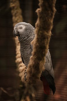 An African Grey Parrot sleeps peacefully on a perch inside a birdcage, surrounded by soft fibers.
