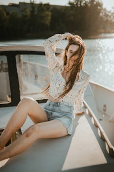 Young woman with long hair enjoying a sunny day on a boat in Lille, France.