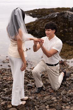A romantic wedding proposal at the rocky shores of Bariloche, Argentina.