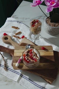 Yogurt parfait with figs, pomegranate, and orchids on a wooden board.