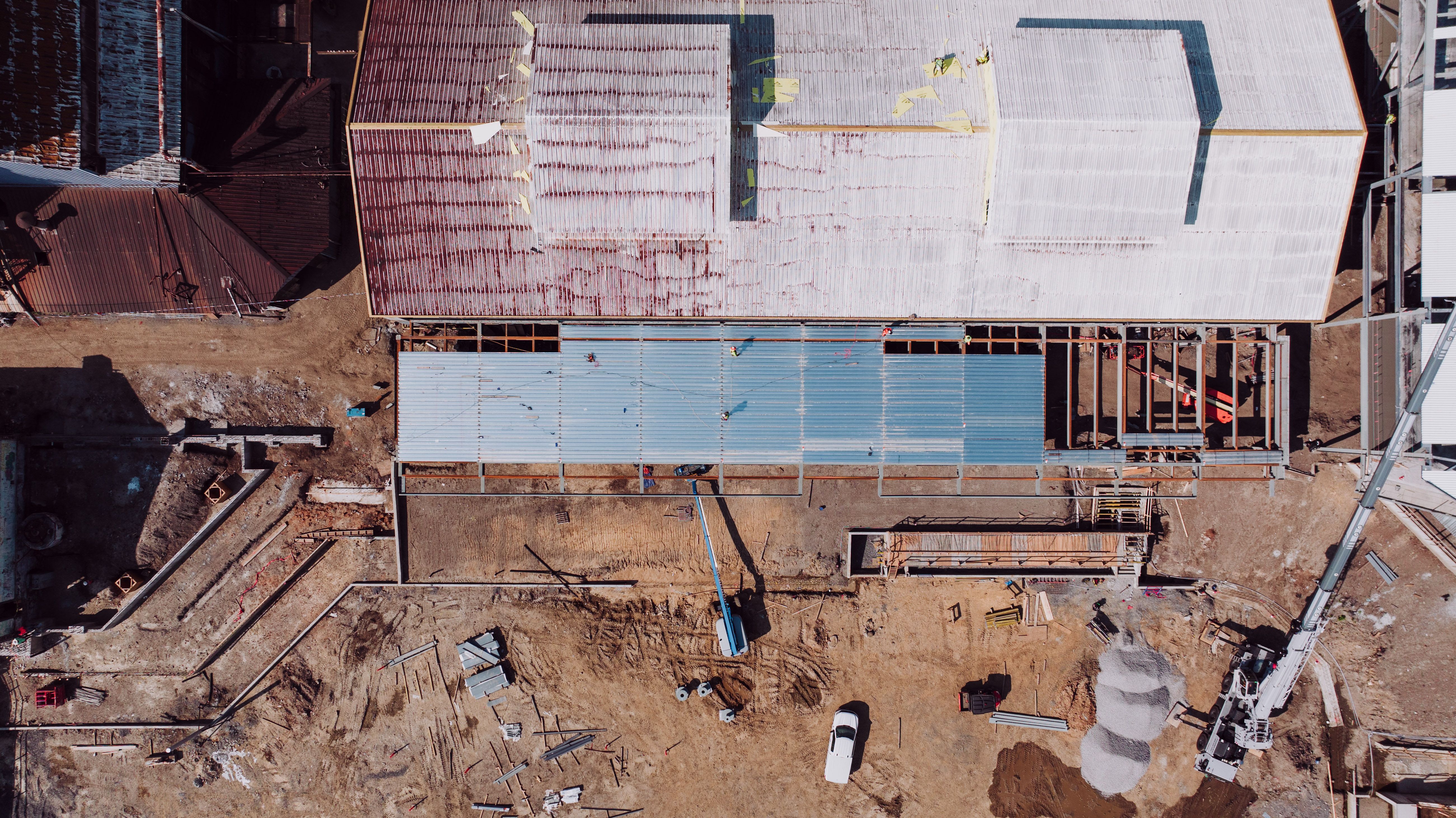 Aerial view of roof construction site