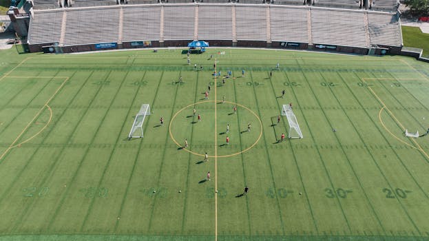 Aerial view of a soccer game at Finley Stadium in Chattanooga, showcasing vibrant activity.