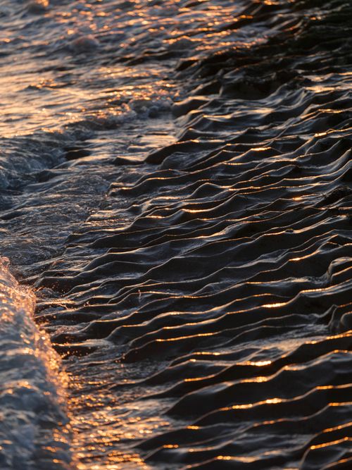 Free Golden sunset light captures the gentle ripples of ocean waves on a tranquil beach, perfect for a peaceful escape. Stock Photo