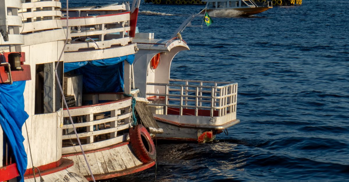 Traditional wooden boats moored on the Amazon River in Manaus during the day.