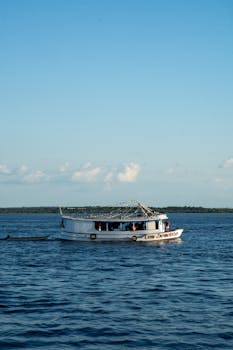 A boat sailing on the Rio Negro under a clear sky in Manaus, Amazonas.