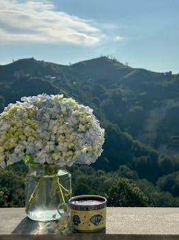 Elegant hydrangea bouquet on a balcony with scenic mountain views, ideal for relaxation themes.