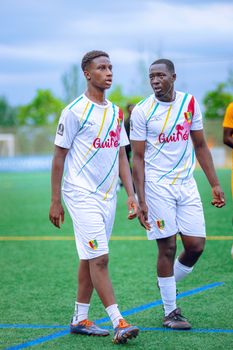 Two young soccer players in team Guinea uniforms walking on the field.