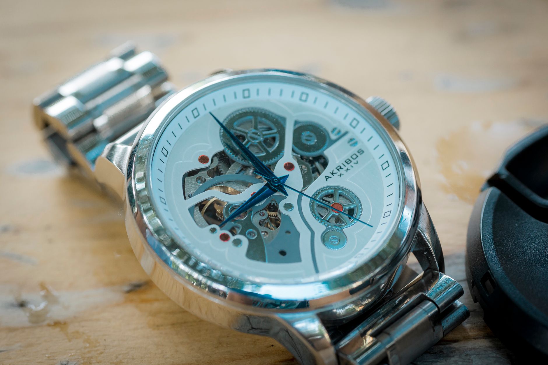 A close-up of a mechanical watch movement
