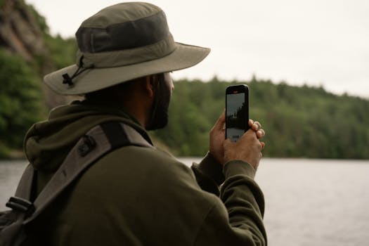 Person outdoors taking a photo of lake scenery with a smartphone.