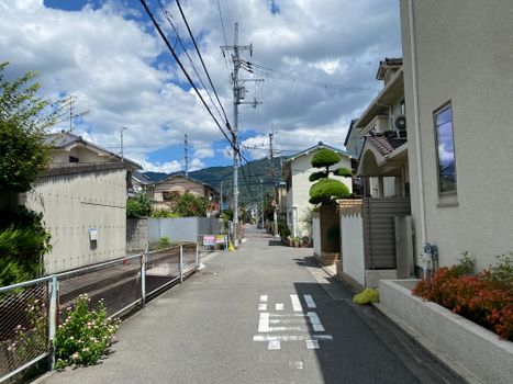 A tranquil residential street in Japan, showcasing traditional homes and lush greenery under a blue sky.