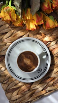 Cup of espresso placed on a woven mat beside vibrant yellow and orange roses.
