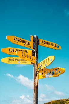 Yellow signpost with city distances at Cape Reinga, New Zealand against blue sky.