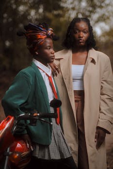 Two stylish individuals pose confidently next to a motorcycle in an urban setting.