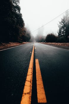 一条黄线道路被雾覆盖，延伸进雾中，营造出一种阴郁的氛围