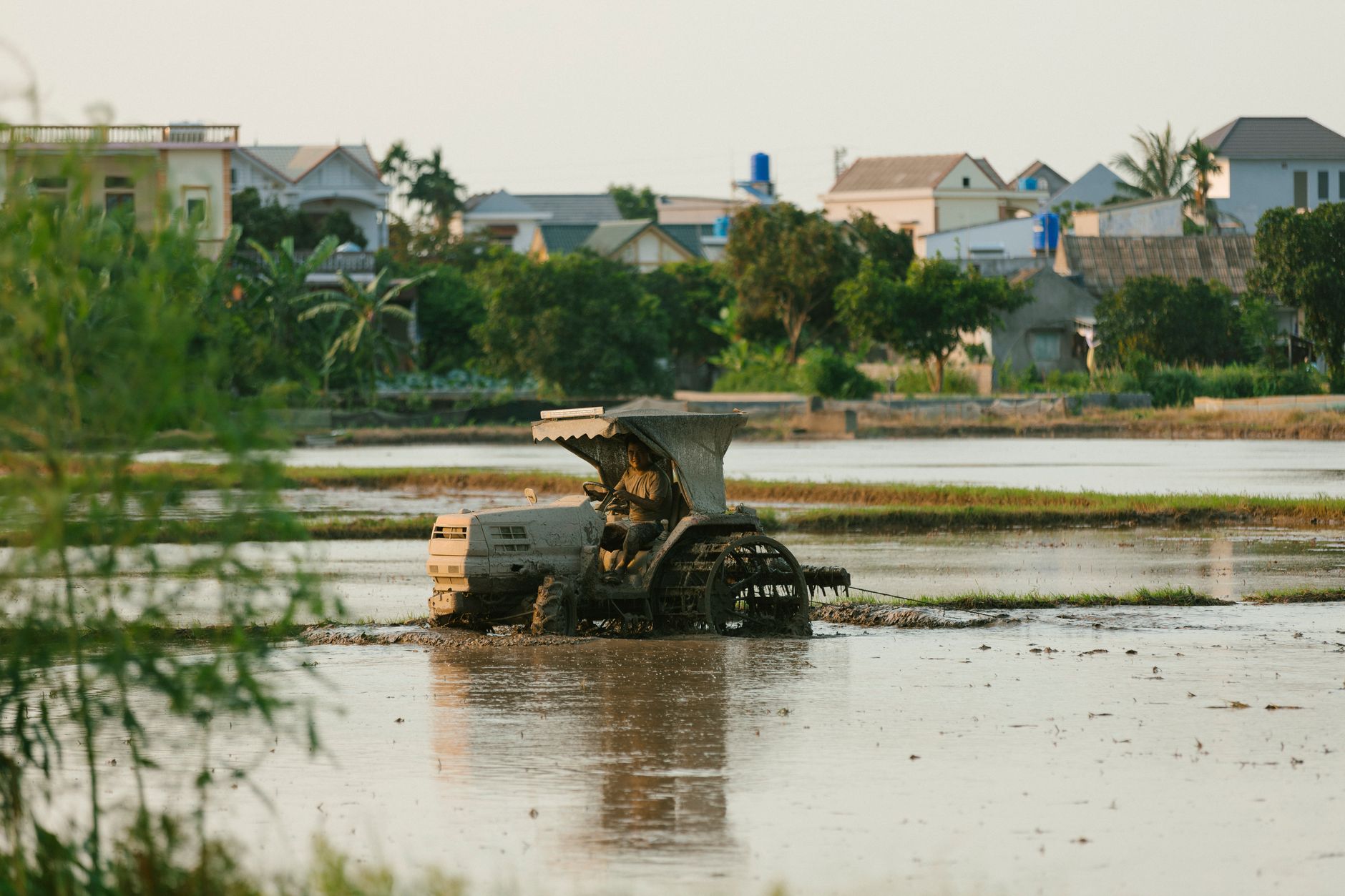 Farmer using a tracked tractor in a rice paddy field, rural setting.