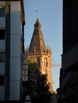 Gothic tower framed by urban architecture at sunset. Perfect blend of history and modernity.