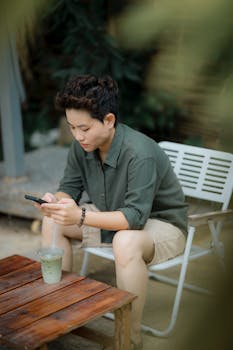 Young person enjoys a drink and phone outdoors in a casual setting.