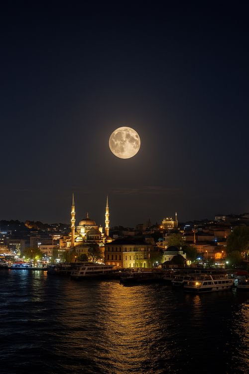 Free Beautiful full moon over Istanbul's iconic skyline at night, reflecting on water. Stock Photo