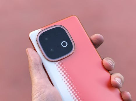 Close-up of a modern smartphone held in hand, highlighting back design and camera details.