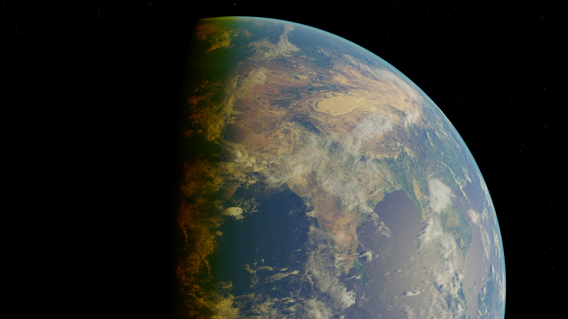 A breathtaking view of Earth displaying deserts and oceans seen from space during twilight.