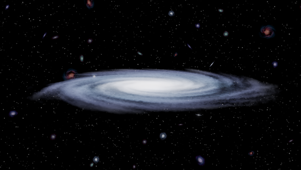 Illustration of a spiral galaxy surrounded by stars and galaxies in deep space, showcasing cosmic beauty.
