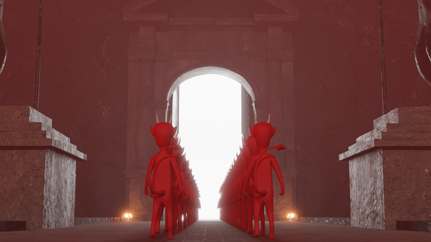 A surreal digital scene depicting a procession of demons at an ominous gate, with dark fantasy elements.