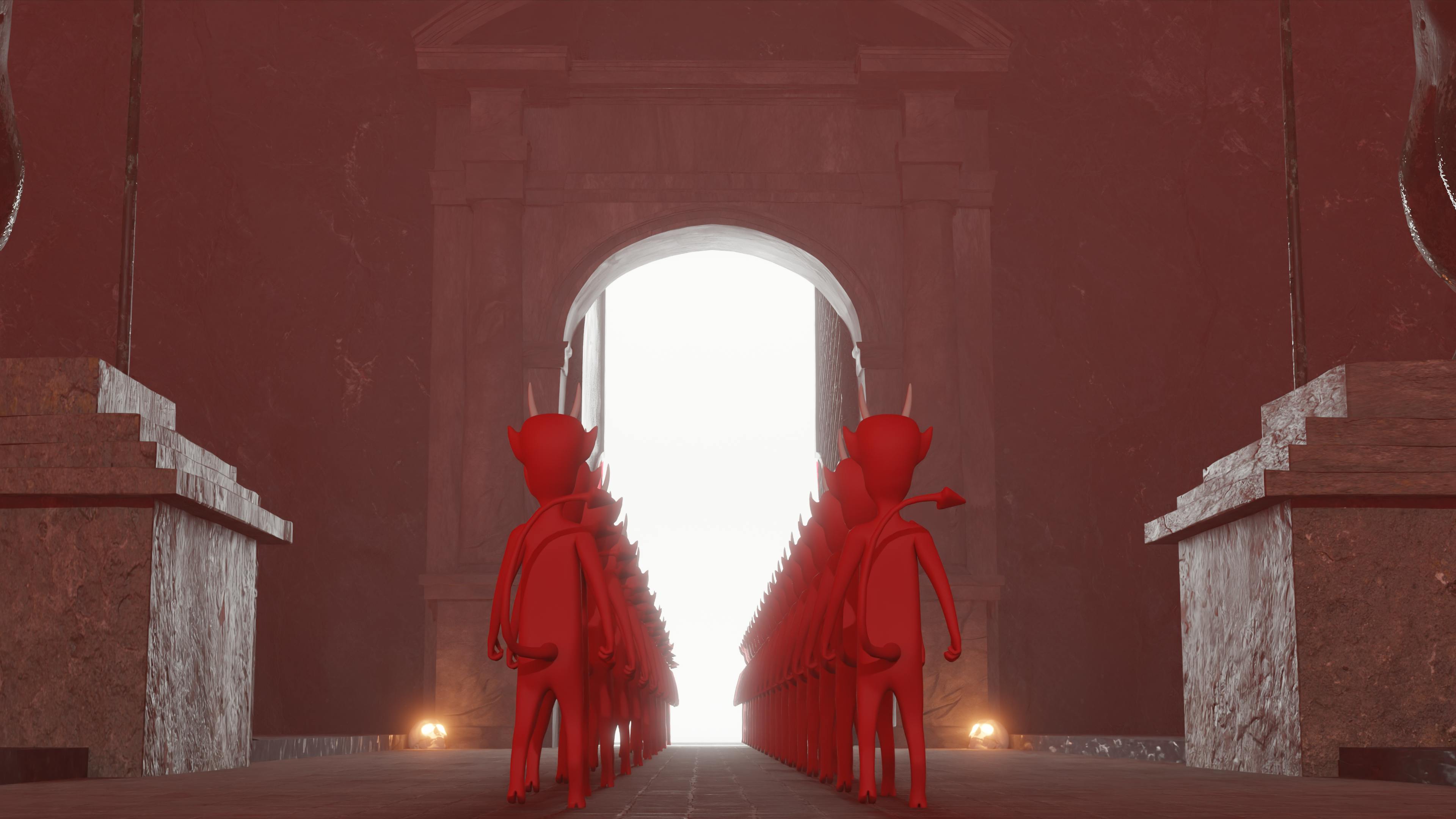 grátis Uma cena digital surreal retratando uma procissão de demônios em um portão sinistro, com elementos de fantasia sombria. Foto profissional