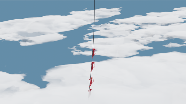Aerial shot of climbers ascending a snowy peak against a clear blue sky.