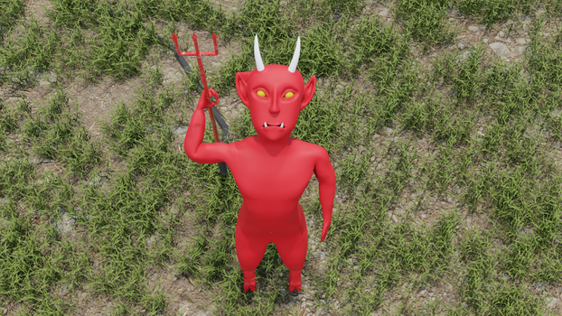 A vibrant red cartoon demon character holding a pitchfork standing on grassy terrain.