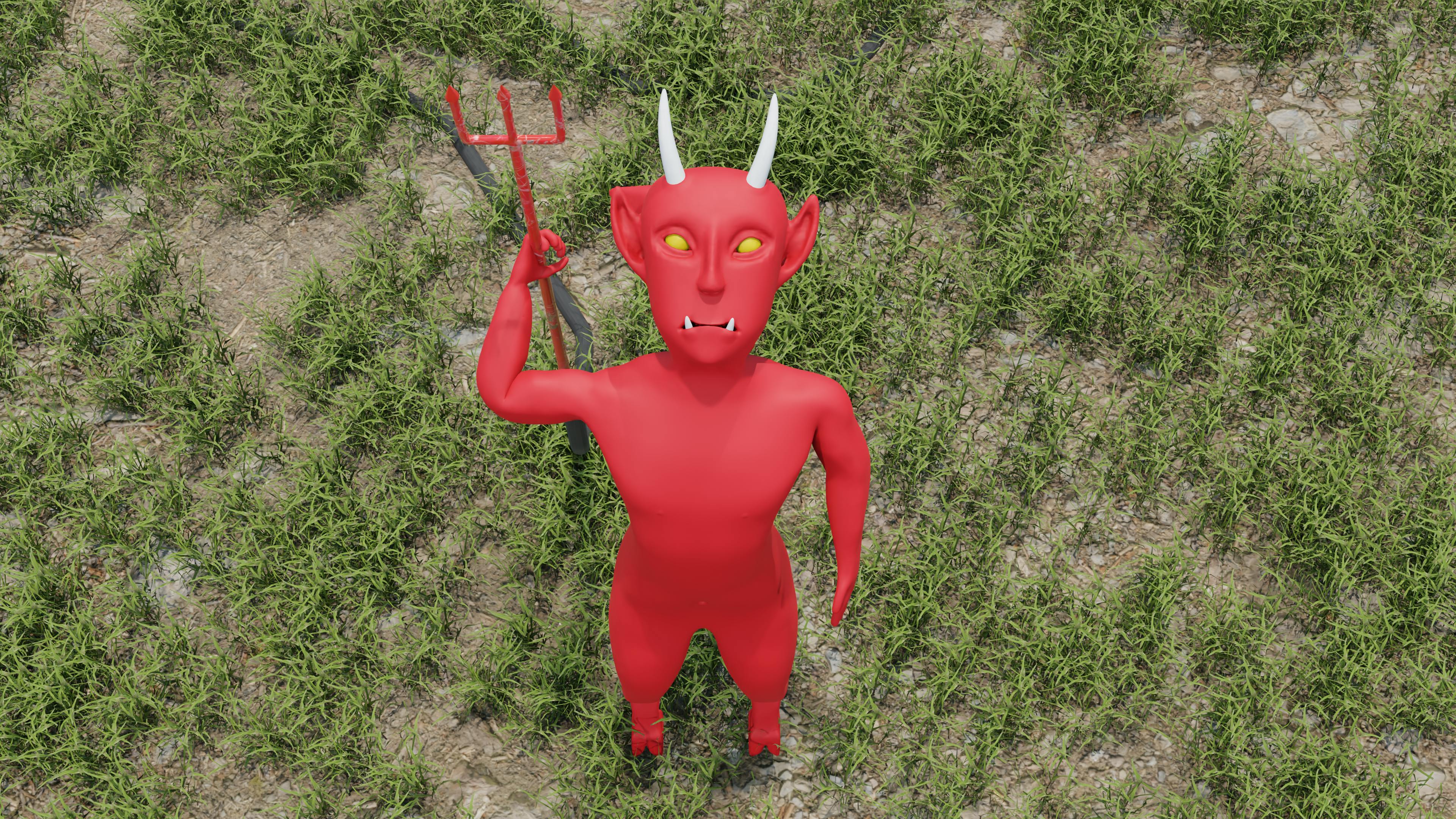 Gratuit Un personnage de démon de dessin animé rouge vif tenant une fourche debout sur un terrain herbeux. Photos