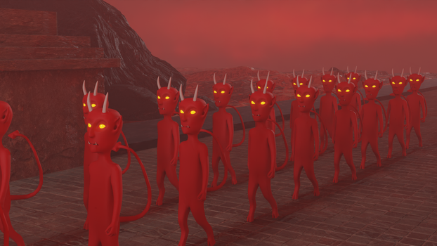 3D illustration of red demons marching through a hellish landscape, complete with glowing eyes.